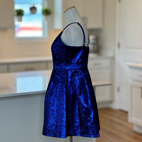 Lulu's | Spin the Night Blue Jacquard Sleeveless Mini Skater Dress - Picture 3 of 6